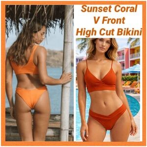 Slenderizing Bikini High Leg Lengthening Sexy V Cut Womens 2 Pc Swimsuit Coral